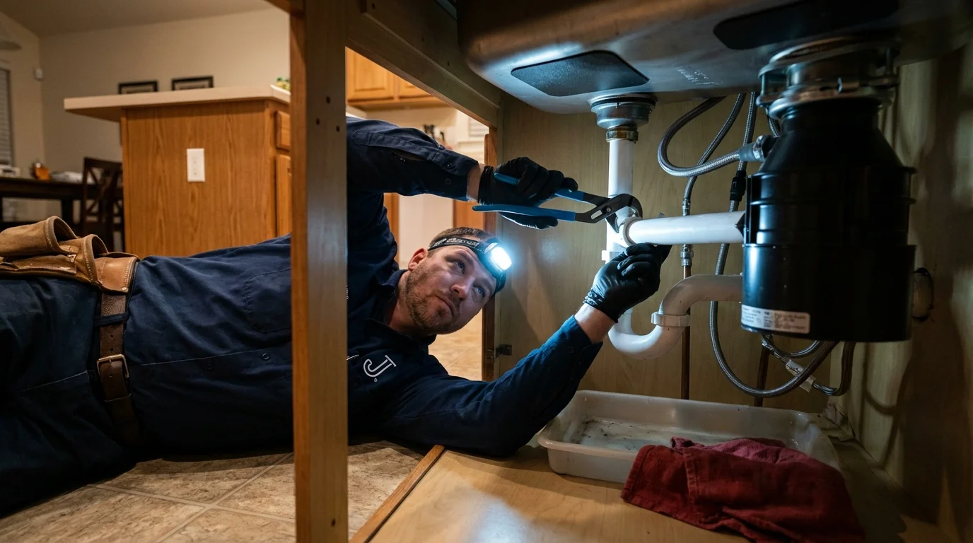 P-trap and supply line connections under a kitchen sink showing a common leak point in Apollo, PA